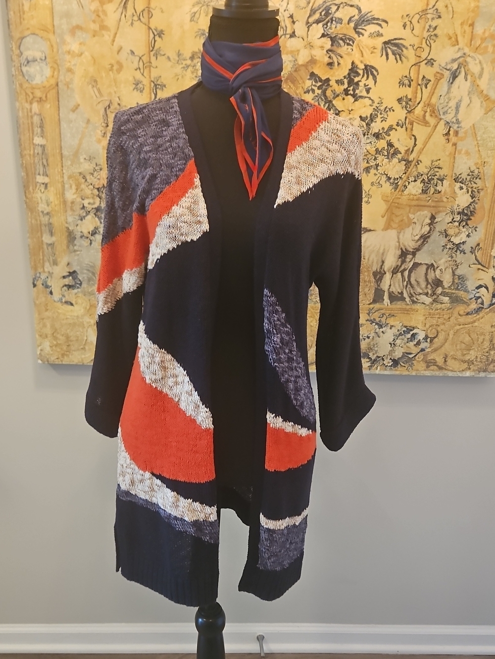Chico's Navy, Red & Cream Open-Front Colorblock Cardigan